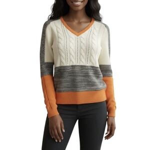 Carven V-Neck Cozy Cable Knit Sweater Pullover Top Orange Grey White Cotton S